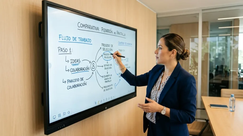 Pantalla interactiva usada como pizarrón digital en sala de capacitación